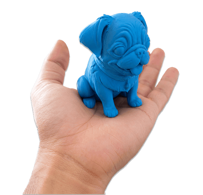 A hand holding the small blue 3D printed Pug figurine, showing how it fits in the palm