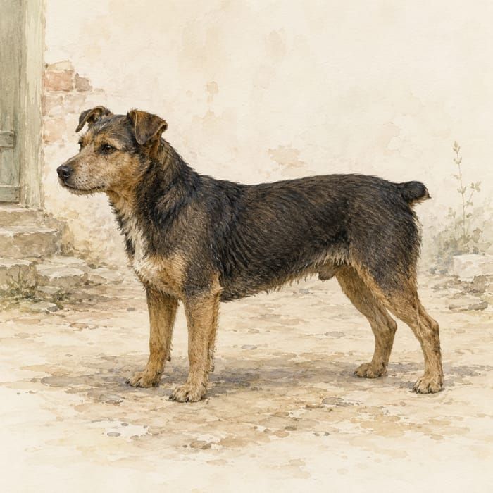 A rough-coated brown and black village dog standing by a stone doorway.