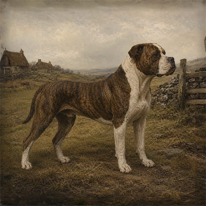 A stocky brindle and white bulldog standing in a field by a stone wall.