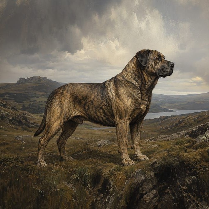 A powerful brindle mastiff standing on a hillside below a distant hillfort.
