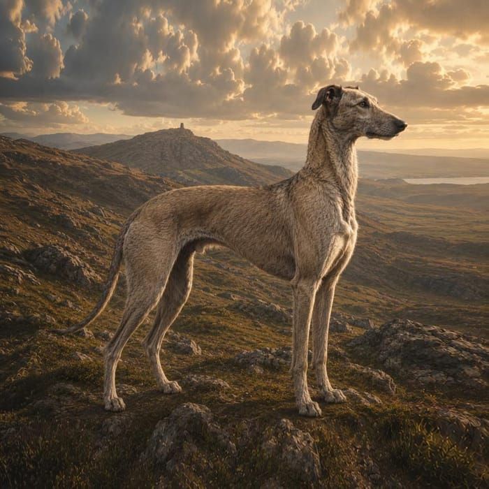 A lean tan coursing hound standing on a moorland hilltop under a golden sky.