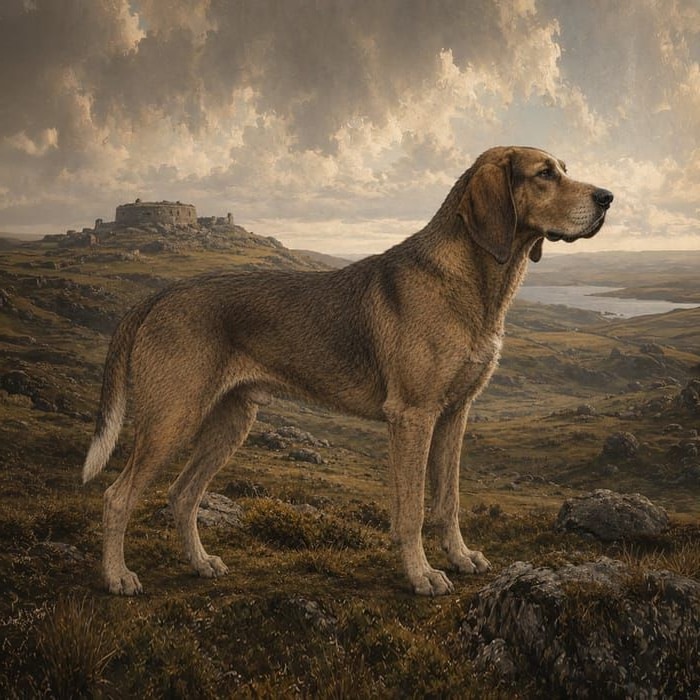 A tan and white scent hound standing in profile on open moorland.