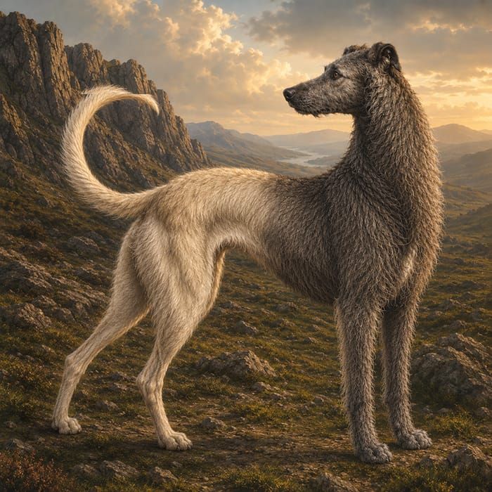 A rough-coated grey sighthound standing on a Highland hillside at sunset.