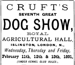 A vintage printed poster for Cruft's Seventh Great Dog Show at the Royal Agricultural Hall, Islington, London, in February 1891.