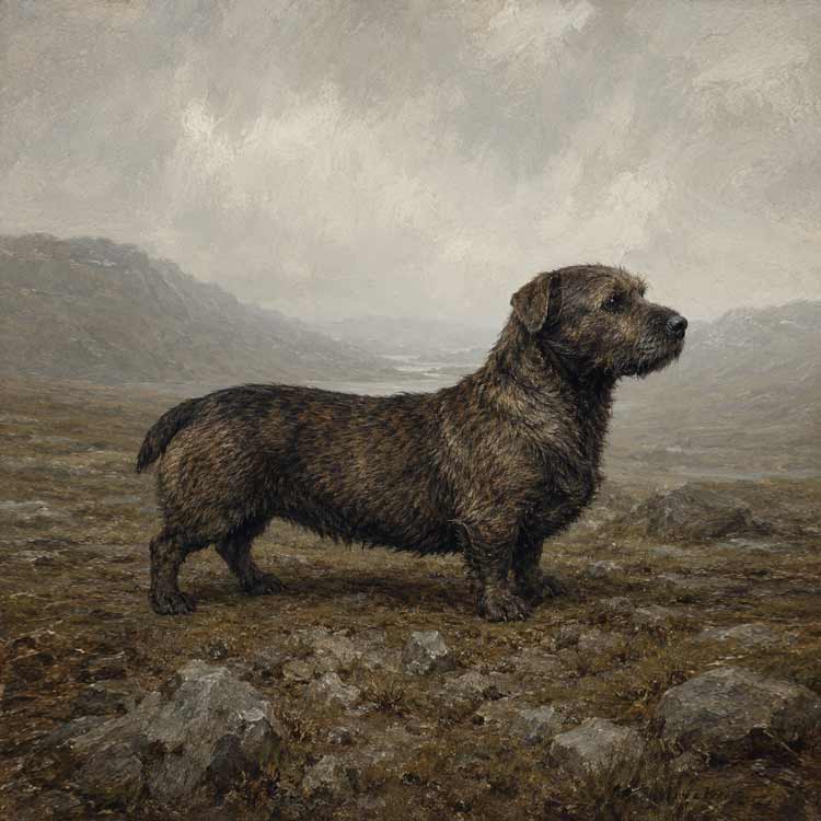 A short-legged brindle working dog standing on a rocky moor.