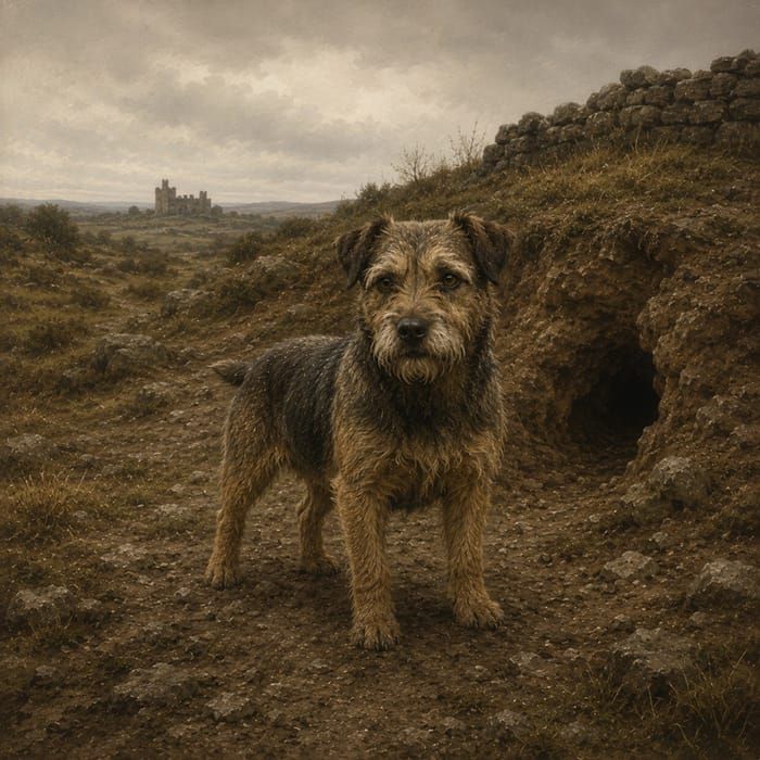 A small wiry brown terrier standing by a burrow below a ruined castle.