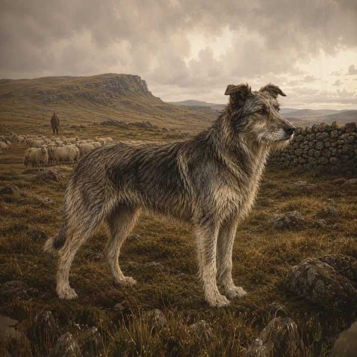 A shaggy grey herding dog on a hillside with a shepherd and sheep behind.