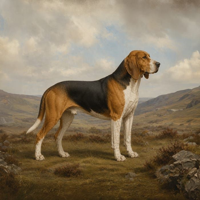 A tricolour pack hound standing on a hillside under a cloudy sky.