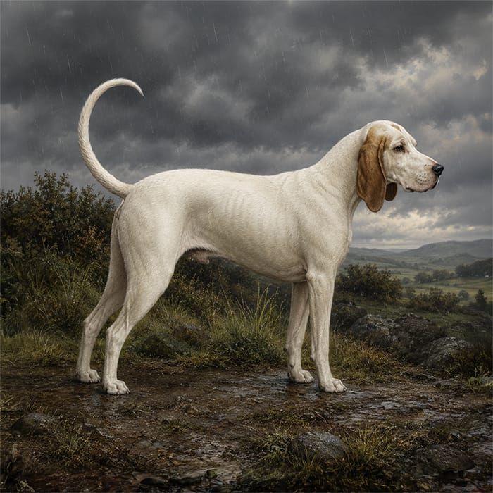 A white pack hound with tan ears standing in the rain on rough ground.