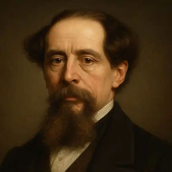 A painted portrait of a bearded Victorian man in a dark jacket against a muted background.