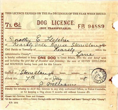 A scan of an early-20th-century British dog licence, price seven shillings and sixpence, filled in by hand (dated 1918).