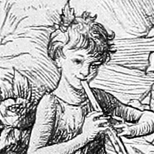 A vintage pen-and-ink illustration of a boy with a feather in his hair playing pan pipes.