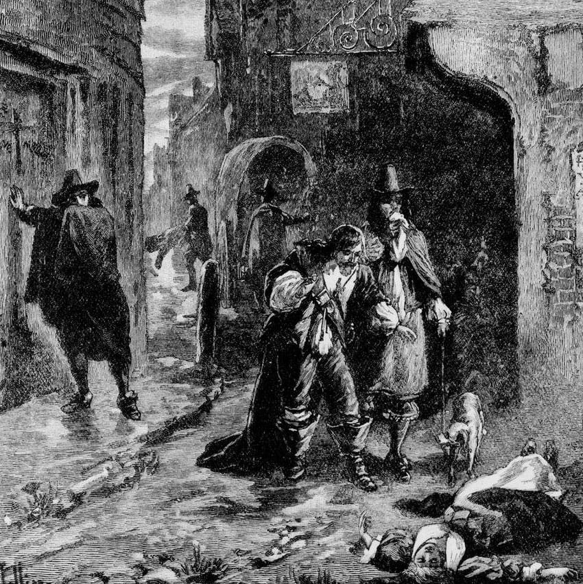 A dark engraving of a plague-stricken 17th-century London street: cloaked figures, one helping a collapsing man, a body lying in the gutter and a stray dog nearby.