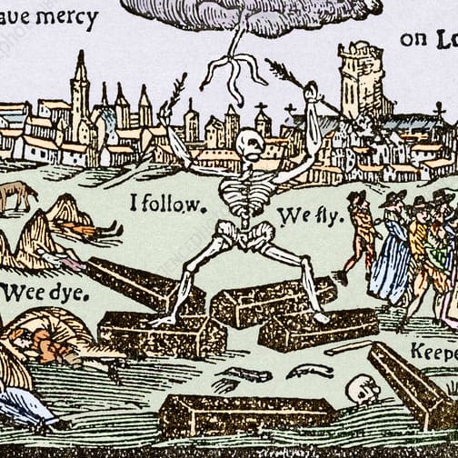 A hand-coloured plague broadsheet woodcut: a skeleton representing Death striding over coffins before a city skyline, with fleeing figures and captions such as 'I follow', 'We fly' and 'Wee dye'.
