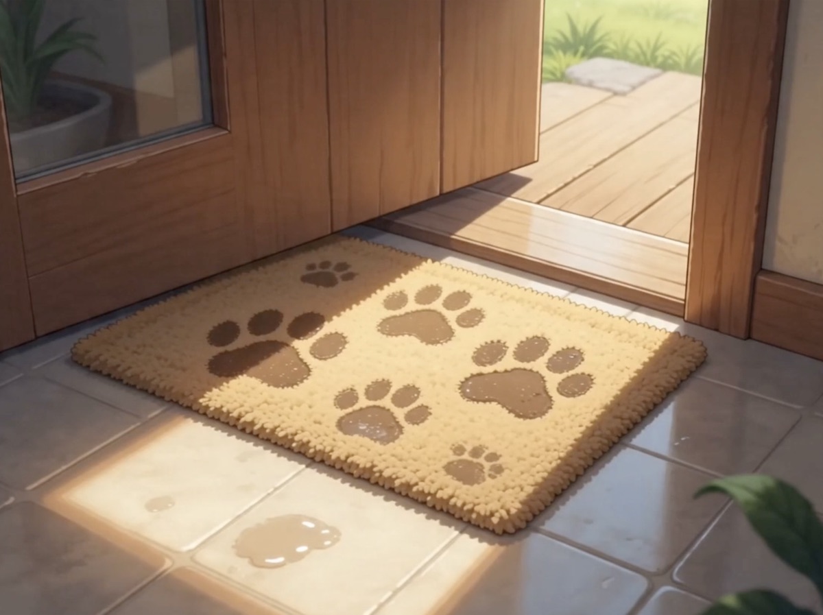 Muddy paw prints on a doormat