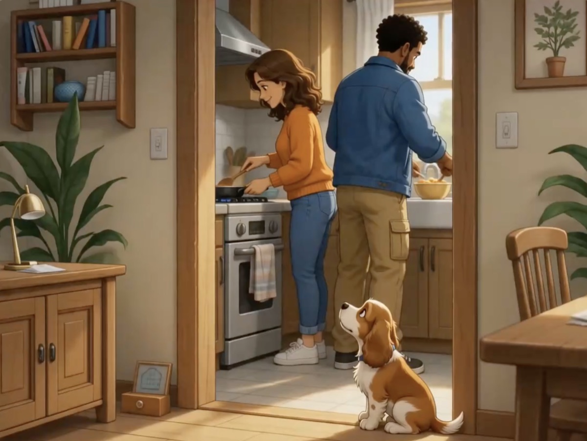 A dog waiting in a kitchen doorway while a family cooks