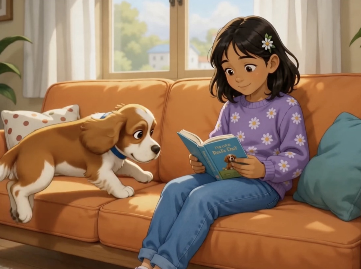 A girl reading on the sofa with a puppy beside her