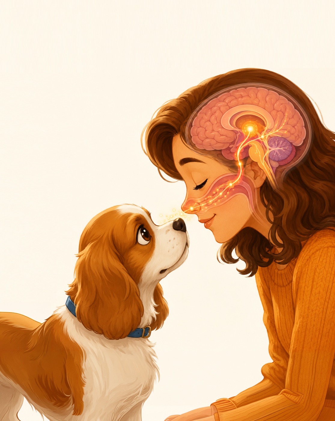 A dog and a woman nose to nose, with the path of smell traced into the brain