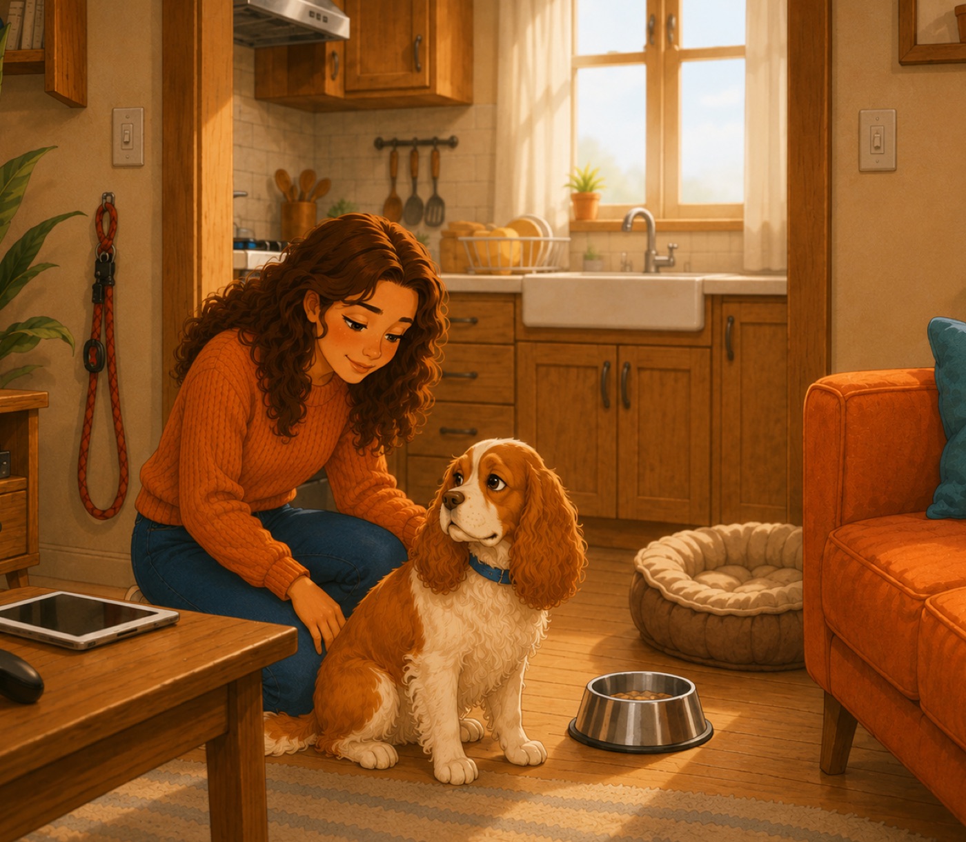 An illustration of a curly-haired woman in an orange jumper kneeling to stroke a brown-and-white spaniel in a warm, sunlit kitchen, a full food bowl and dog bed nearby.